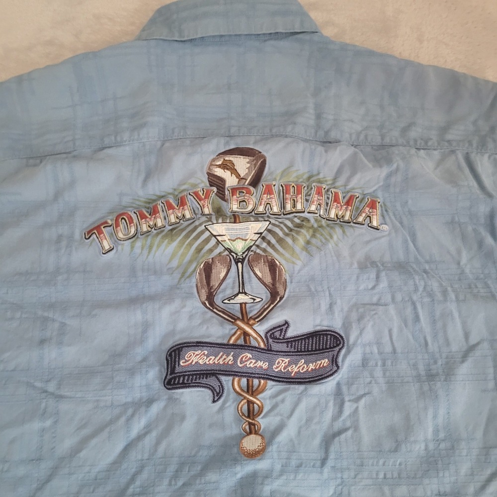 Tommy Bahama Shirt Men XL Blue Silk Health Care Reform Golf Embroidery Button Up